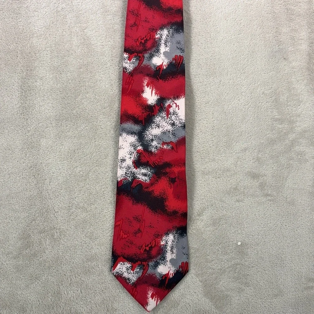 Vintage Pierre Balmain Silk Necktie Mens Red Gray Abstract Print Classic